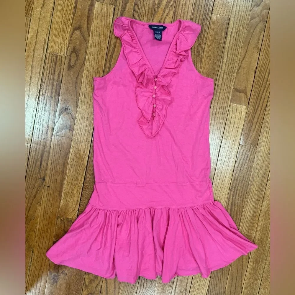 Ralph Lauren Girls Pink Ruffle Drop Waist Dress Size Large 12/14 NWT